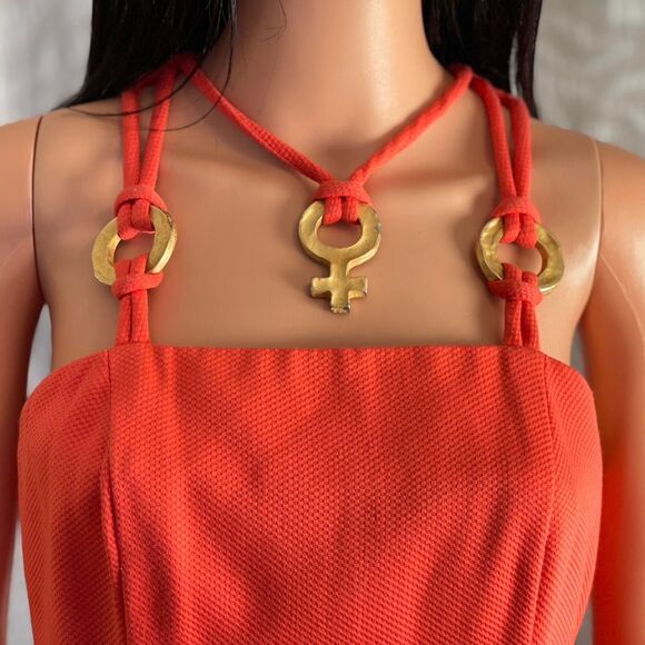 Vintage 80s Linda Segal Orange Mini Dress w/ Gold Ankh Ring Halter Straps Size 6 - Picture 3 of 8